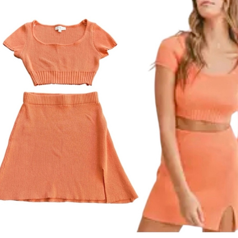 Anthropologie Mable Peach Orange Knit Skirt Set Cropped Sweater A-Line Skirt Sm